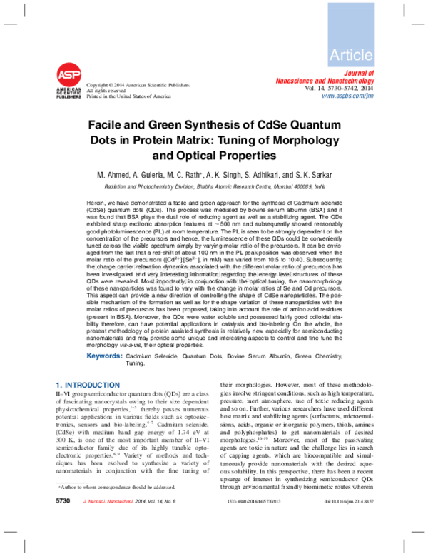(PDF) Facile and Green Synthesis of CdSe Quantum Dots in Protein Matrix ...