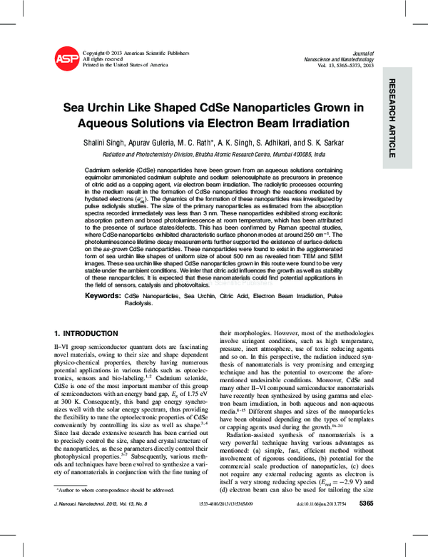 (PDF) Sea Urchin Like Shaped Cd Se Nanoparticles Grown by