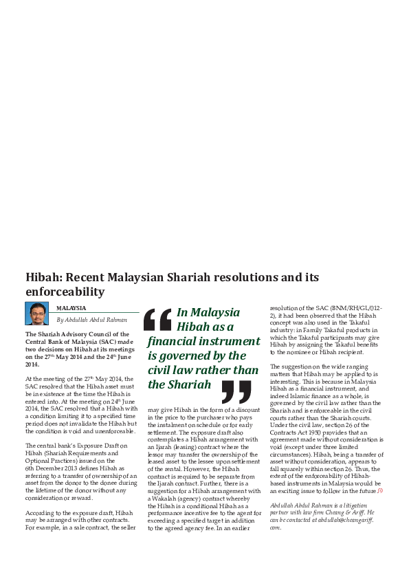 (PDF) Hibah: Recent Malaysian Shariah resolutions and its enforceability