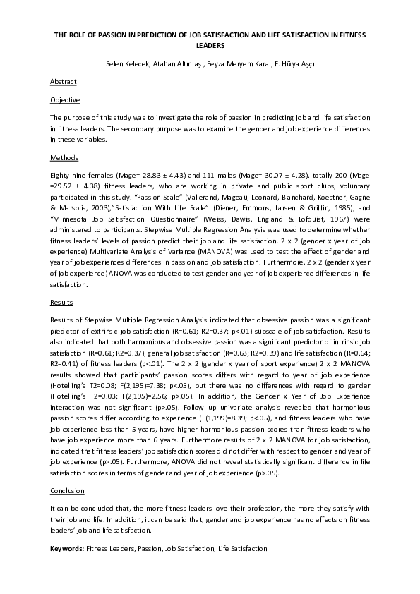 (PDF) THE ROLE OF PASSION IN PREDICTION OF JOB SATISFACTION AND LIFE ...