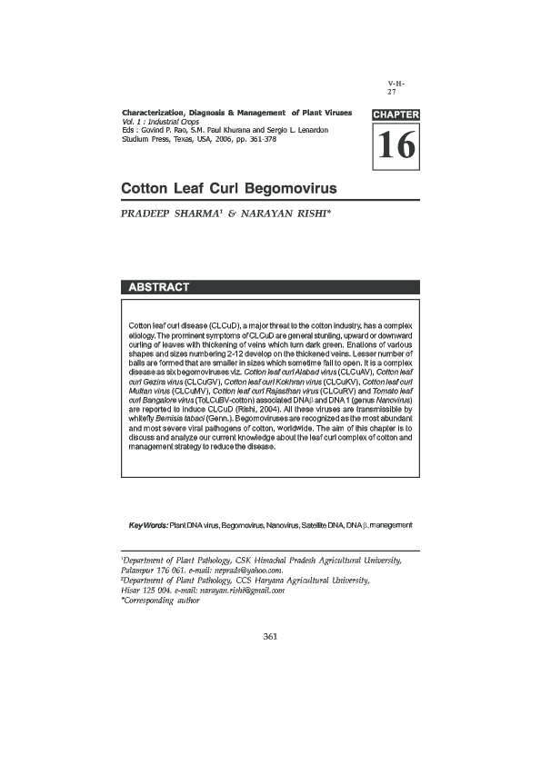 Pdf Cotton Leaf Curl Begomovirus Narayan Rishi Academia Edu