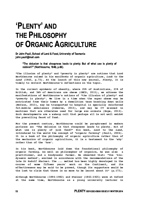(PDF) ‘Plenty’ and the Philosophy of Organic Agriculture John Paull
