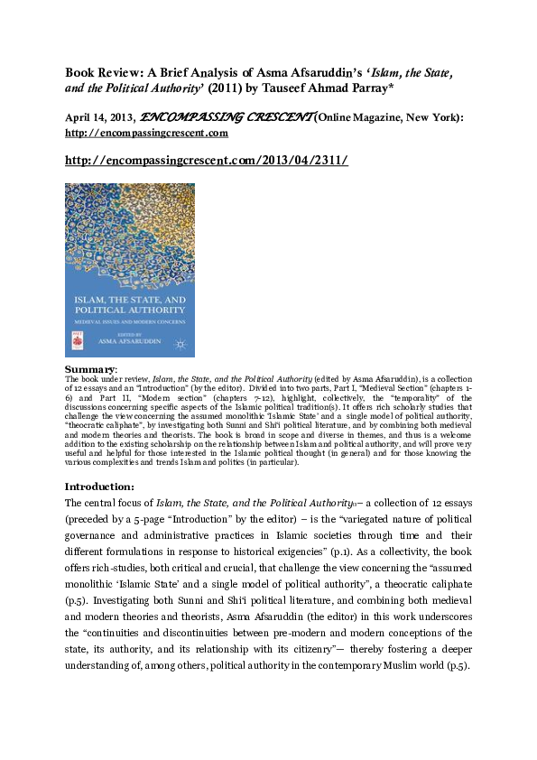 (PDF) Review: Asma Afsaruddin (ed) ‘Islam, the State, and the Political ...