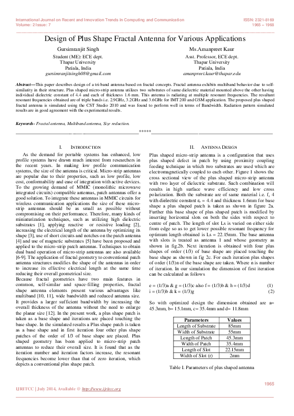 Pdf Design Of Plus Shape Fractal Antenna For Various Applications