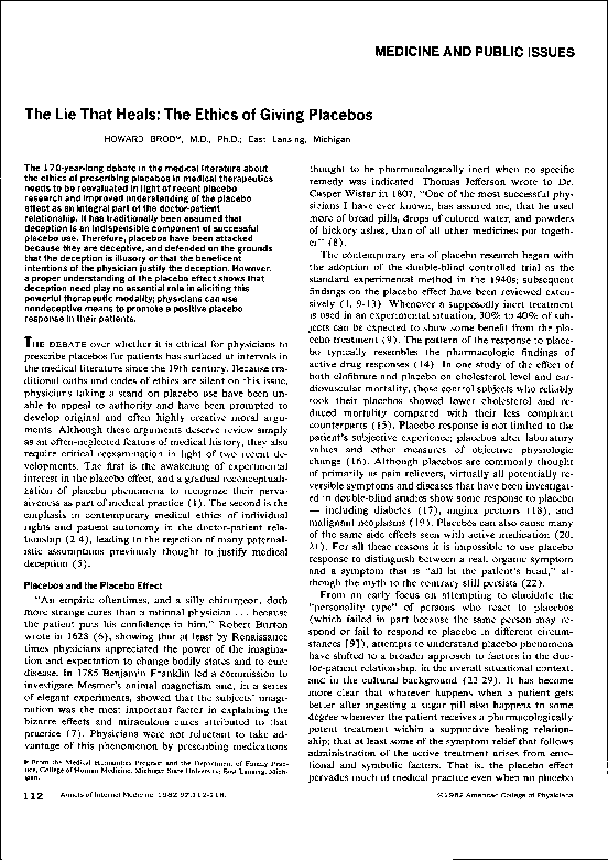 Pdf The Lie That Heals The Ethics Of Giving Placebos