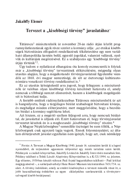 (PDF) Jakabffy Elemér Tervezet a „kisebbségi törvény” javaslatához