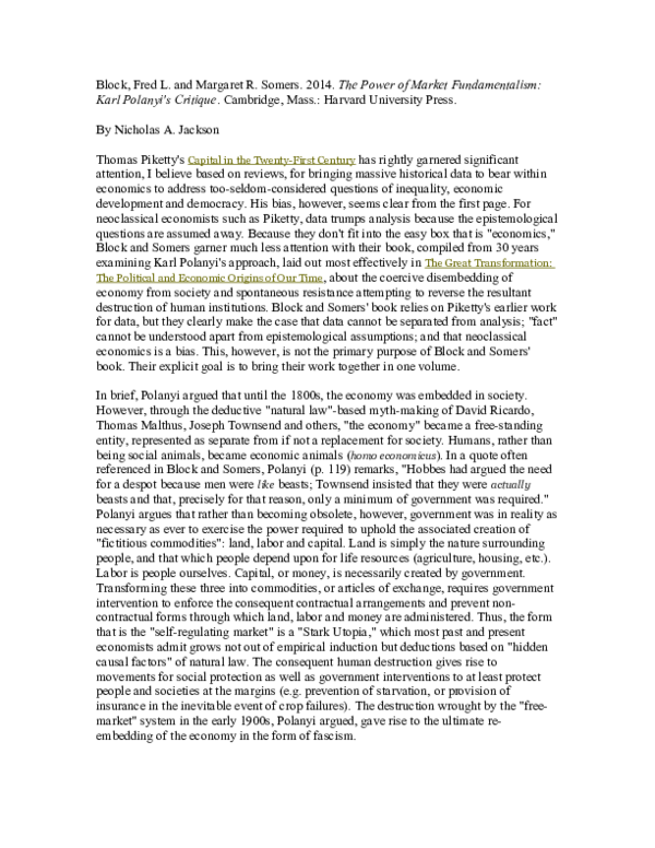 Review of Block, Fred L. and Margaret R. Somers. 2014. The Power of Market Fundamentalism: Karl Polanyi's Critique. Cambridge, Mass.: Harvard University Press