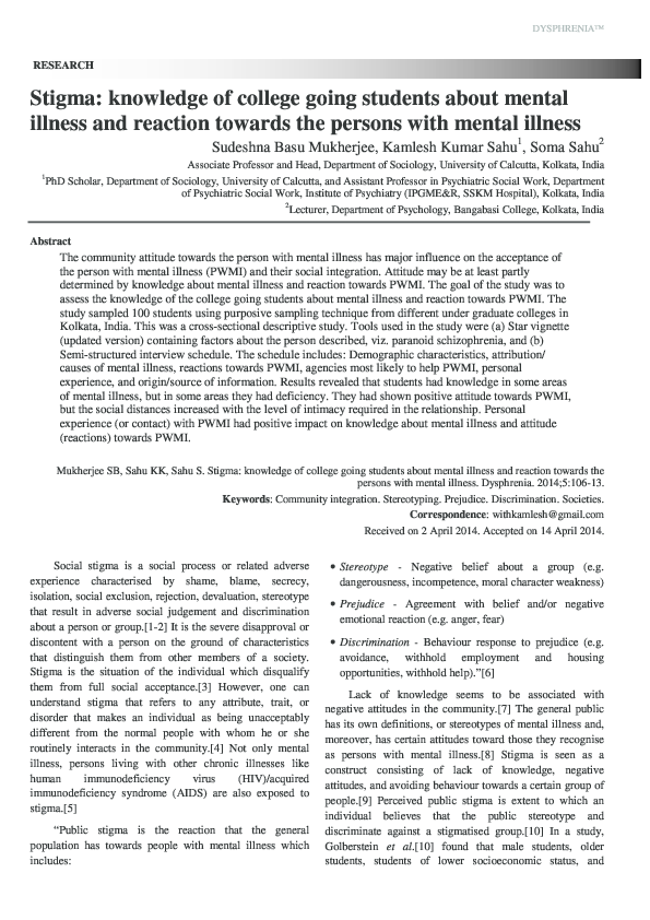 (PDF) Stigma: knowledge of college going students about mental illness ...