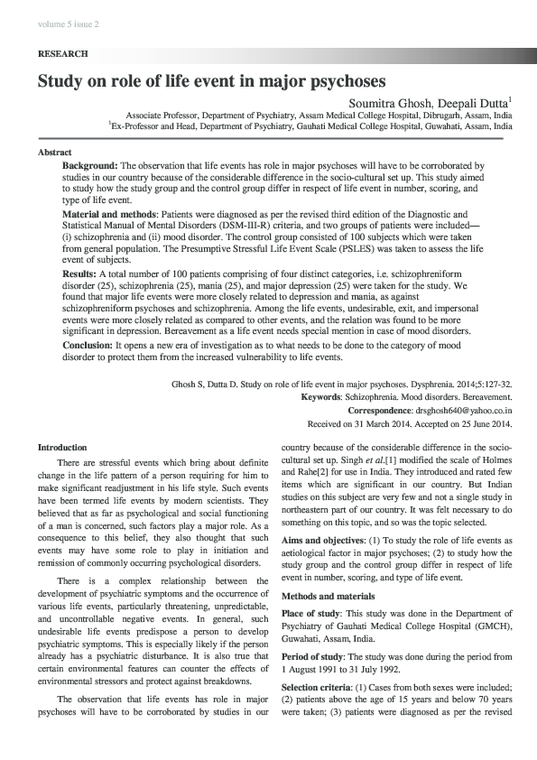 (PDF) Study on role of life event in major psychoses
