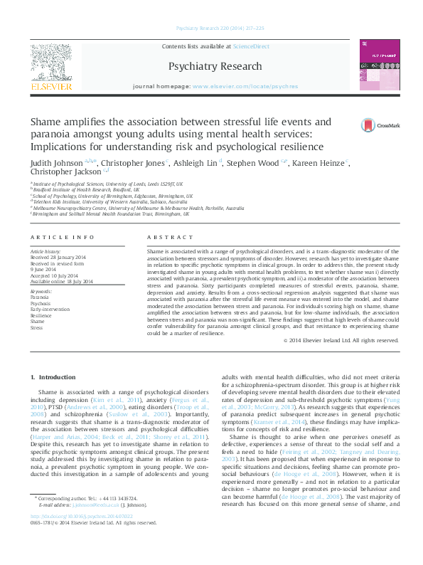 (PDF) Shame amplifies the association between stressful life events and ...