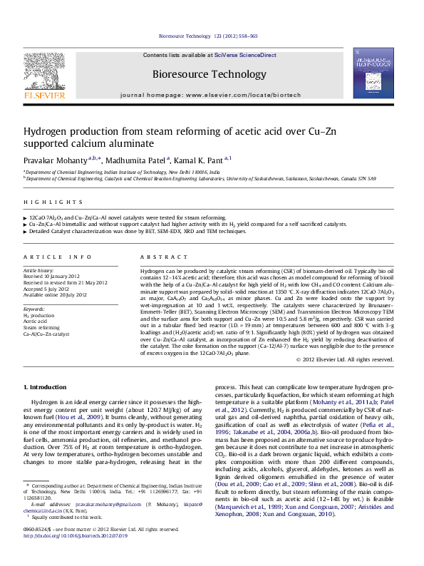 (PDF) Hydrogen production from steam reforming of acetic acid over Cu ...