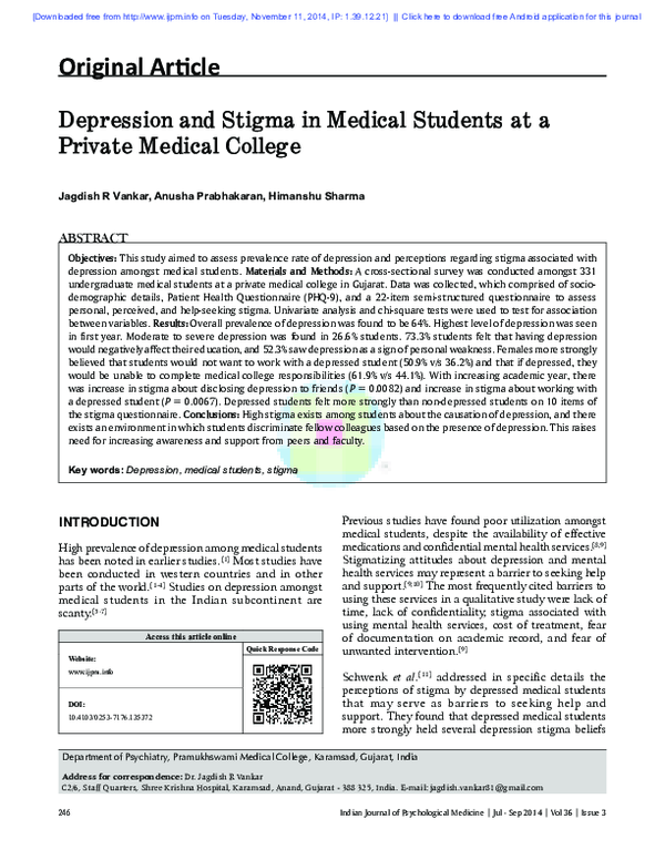 (PDF) Depression and stigma in medical students at a private medical ...