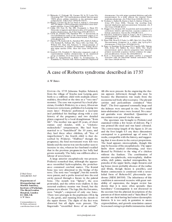 (PDF) A case of Roberts syndrome described in 1737 | Alan William Hugh ...