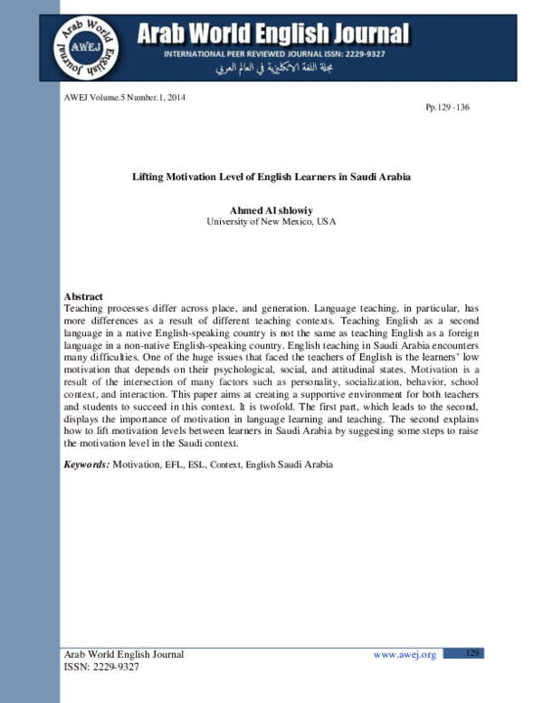(PDF) Lifting Motivation Level of English Learners in Saudi Arabia