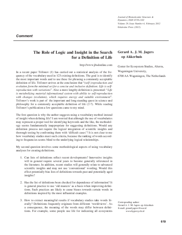 (PDF) The Role of Logic and Insight in the Search for a Definition of Life