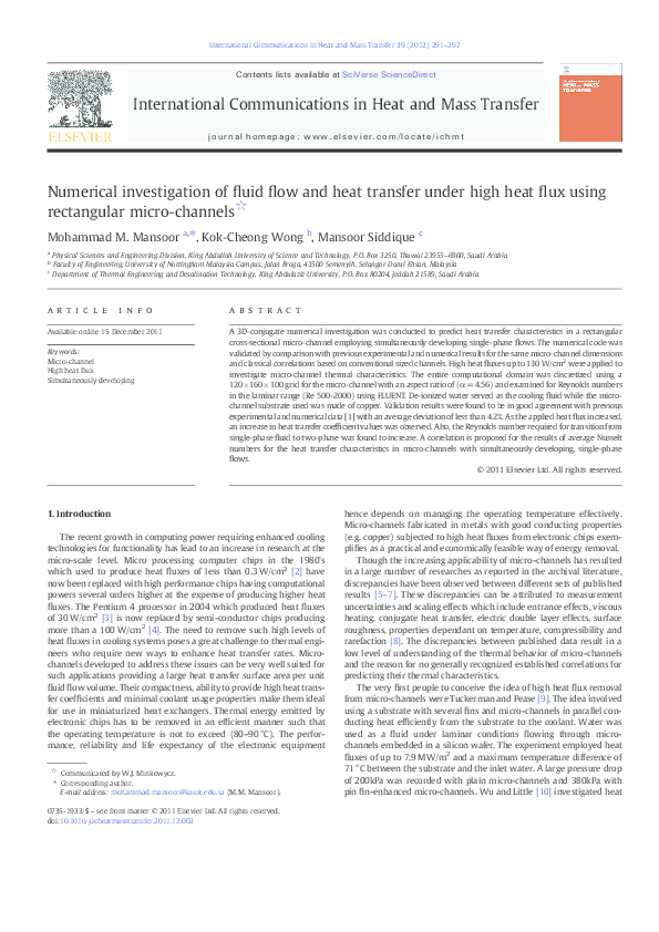 (PDF) Numerical investigation of fluid flow and heat transfer under ...