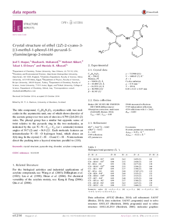 (PDF) Crystal structure of ethyl (2Z)-2-cyano-3- [(3-methyl-1-phenyl-1H ...