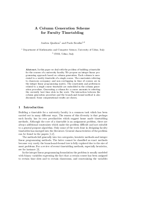 (PDF) A Column Generation Scheme for Faculty Timetabling Paul Mata