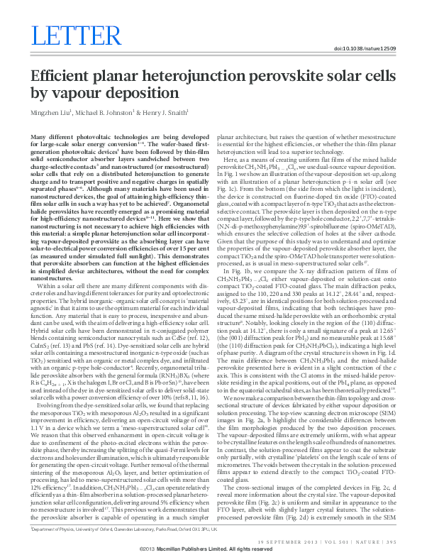 (PDF) Efficient planar heterojunction perovskite solar cells by vapour ...