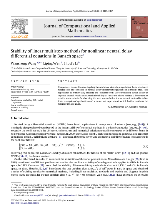 (PDF) Stability of linear multistep methods for nonlinear neutral delay ...