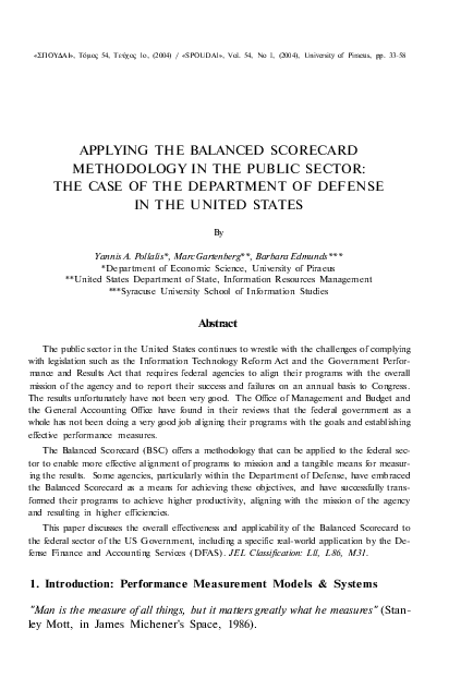 (PDF) APPLYING THE BALANCED SCORECARD IN THE PUBLIC SECTOR
