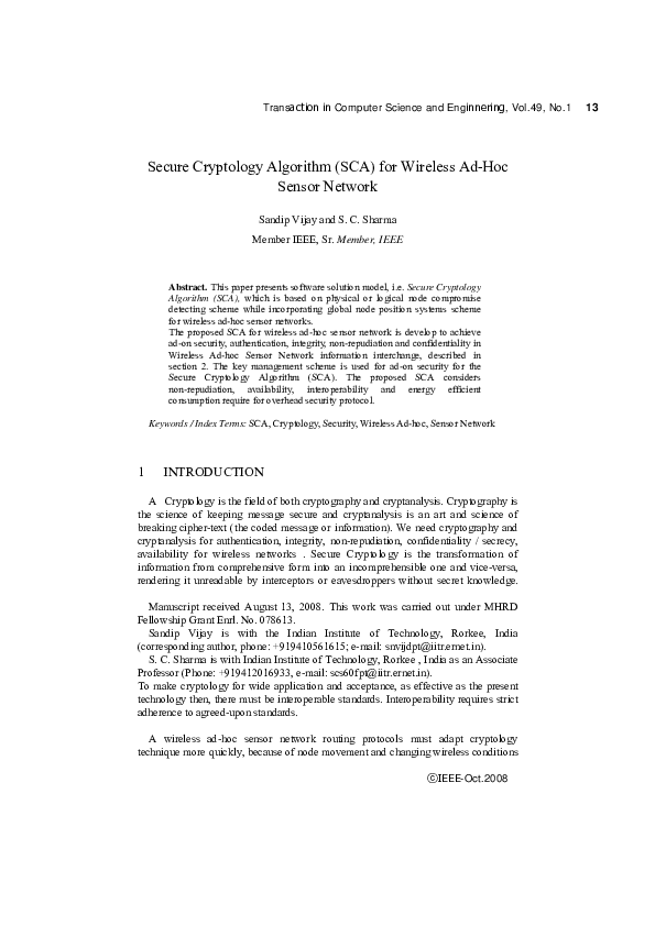 (PDF) Secure Cryptology Algorithm (SCA) for Wireless Ad-Hoc Sensor Network