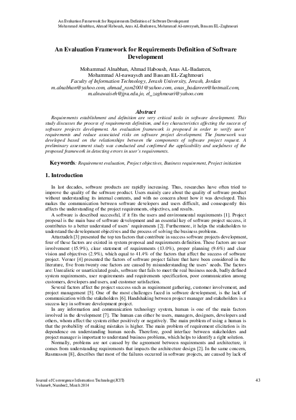 (PDF) An Evaluation Framework for Requirements Definition of Software ...