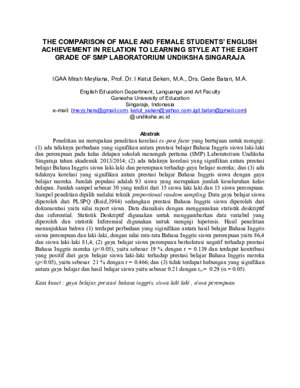 Doc The Comparison Of Male And Female Students English Achievement In Relation To Learning Style At The Eight Grade Of Smp Laboratorium Undiksha Singaraja Meymirah M Academia Edu