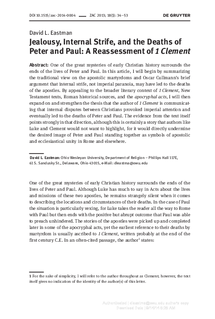 First page of “Jealousy, Internal Strife, and the Deaths of Peter and Paul: A Reassessment of 1 Clement”