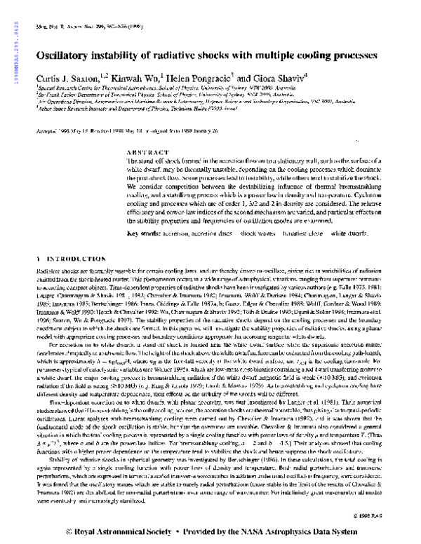 (PDF) Oscillatory instability of radiative shocks with multiple cooling