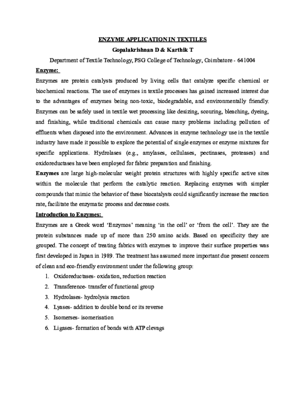 (DOC) APPLICATION OF ENZYMES IN TEXTILE INDUSTRY Edward Menezes