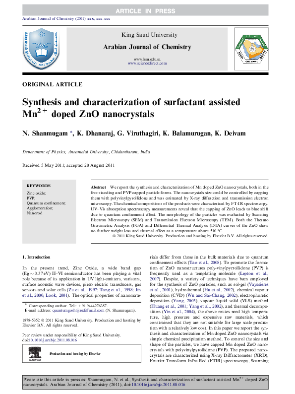 (PDF) Synthesis and characterization of surfactant assisted Mn2+ doped ...