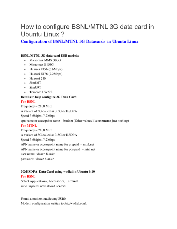 (DOC) How to configure BSNL/MTNL 3G data card in Ubuntu Linux