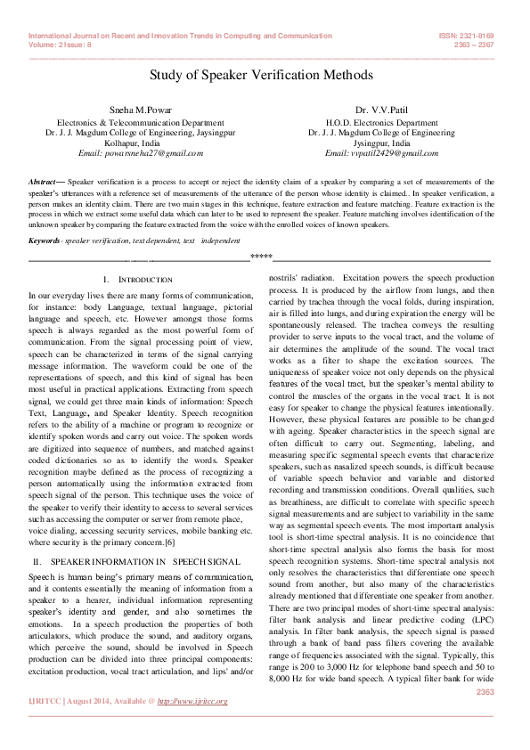 (PDF) Study of Speaker Verification Methods