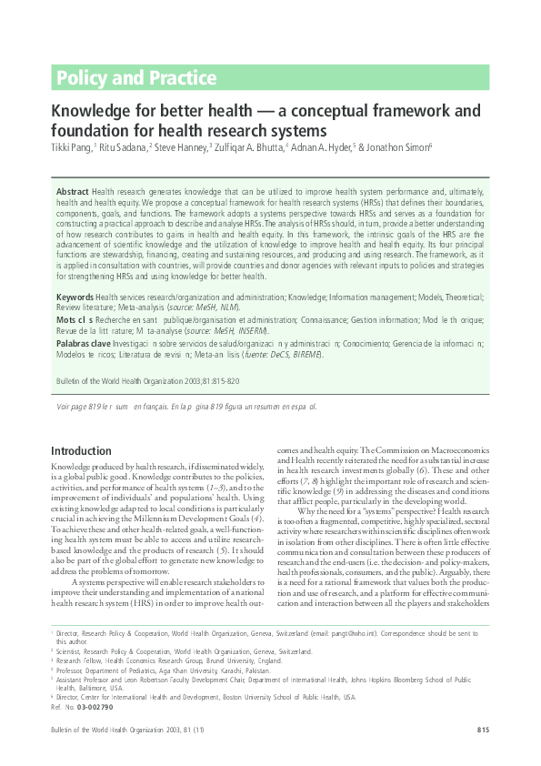 (PDF) Knowledge for better health — a conceptual framework and