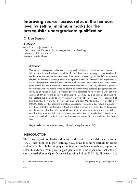 (PDF) Improving course success rates at the honours level by setting ...