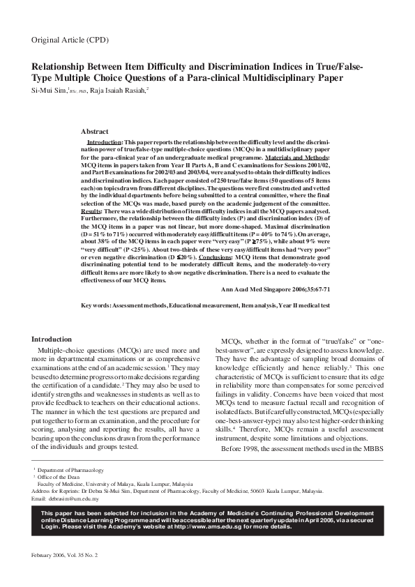 (PDF) Relationship Between Item Difficulty and Discrimination Indices in True/False Type