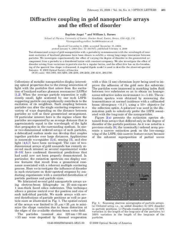 (PDF) Diffractive coupling in gold nanoparticle arrays