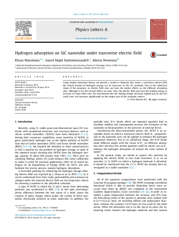 (PDF) Hydrogen adsorption on SiC nanotube under transverse electric
