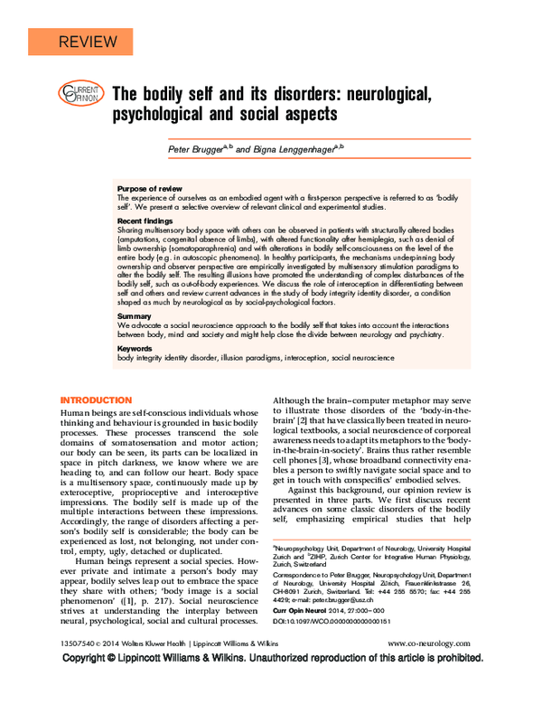 (PDF) The bodily self and its disorders: neurological, psychological ...