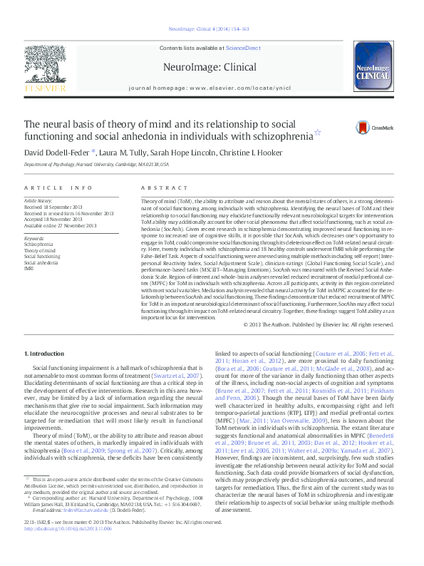 (PDF) The neural basis of theory of mind and its relationship to social ...