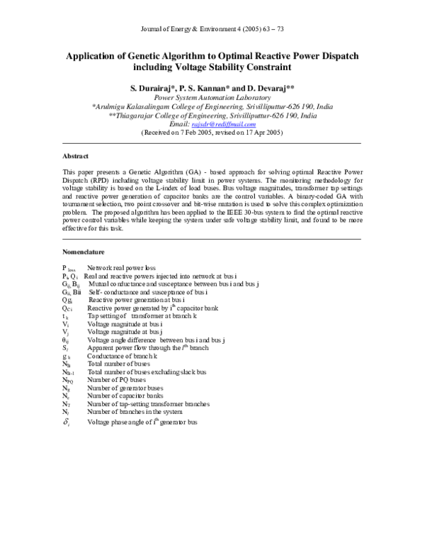 (PDF) Application of Genetic Algorithm for Reactive Power Disptach with ...