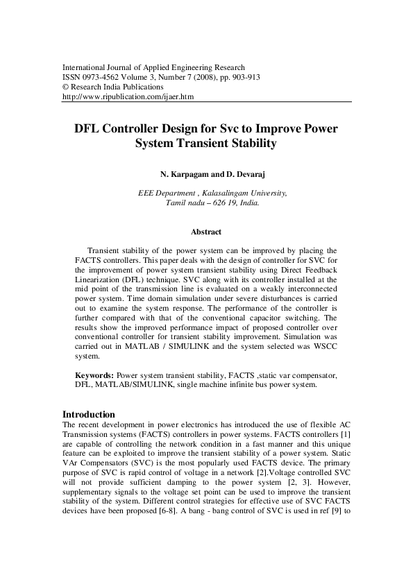 (PDF) DFL Controller Design for Svc to Improve Power System Transient ...