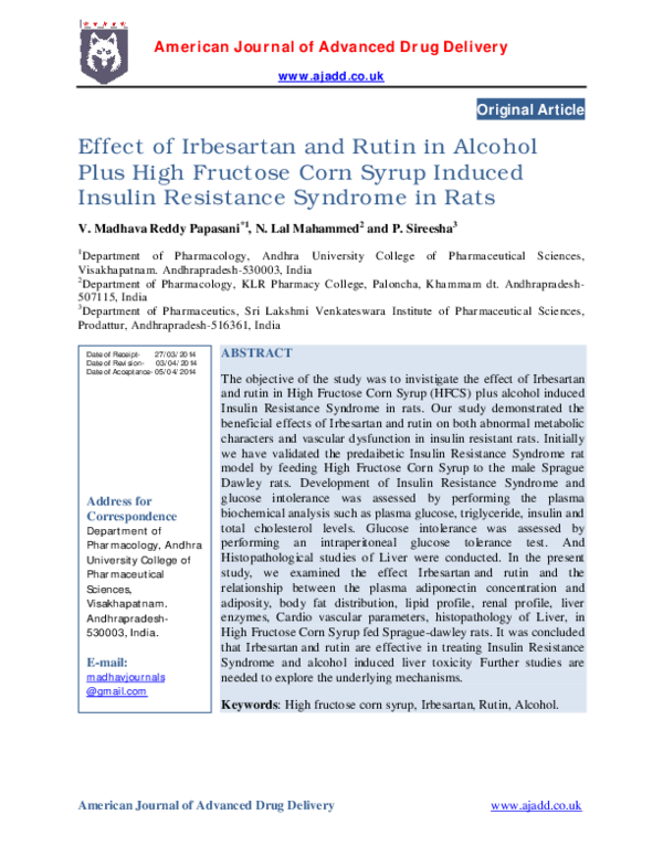 (PDF) Effect of Irbesartan and Rutin in Alcohol Plus High Fructose Corn ...