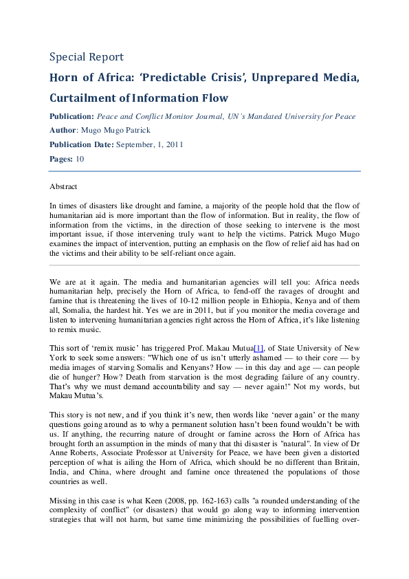 (PDF) Horn of Africa: ‘Predictable Crisis’, Unprepared Media ...