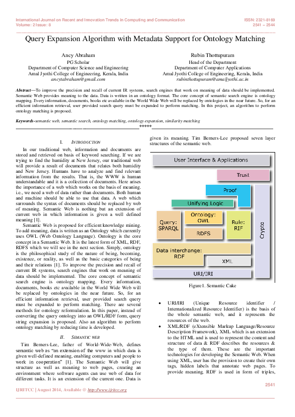 (PDF) Query Expansion Algorithm with Metadata Support for Ontology Matching