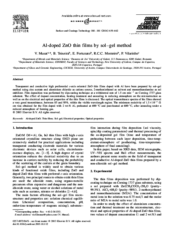 (PDF) Al-doped ZnO thin films by sol–gel method