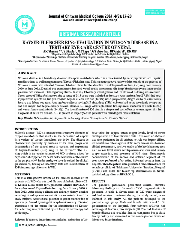 (PDF) KAYSERFLEISCHER RING EVALUATION IN WILSON’S DISEASE IN A