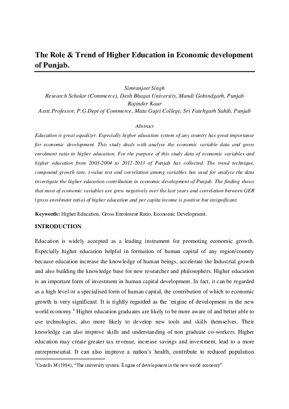 (DOC) The Role & Trend of Higher Education in Economic development of ...