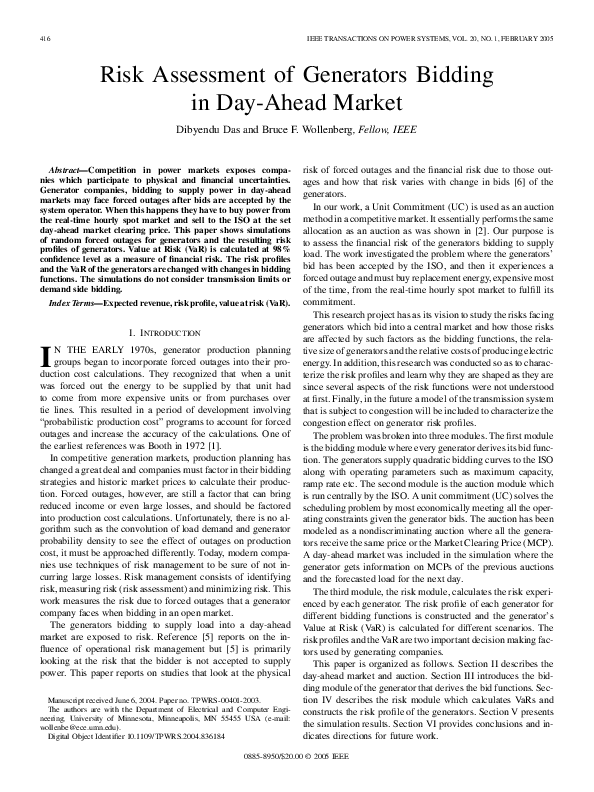 (PDF) Risk Assessment of Generators Bidding in Day-Ahead Market